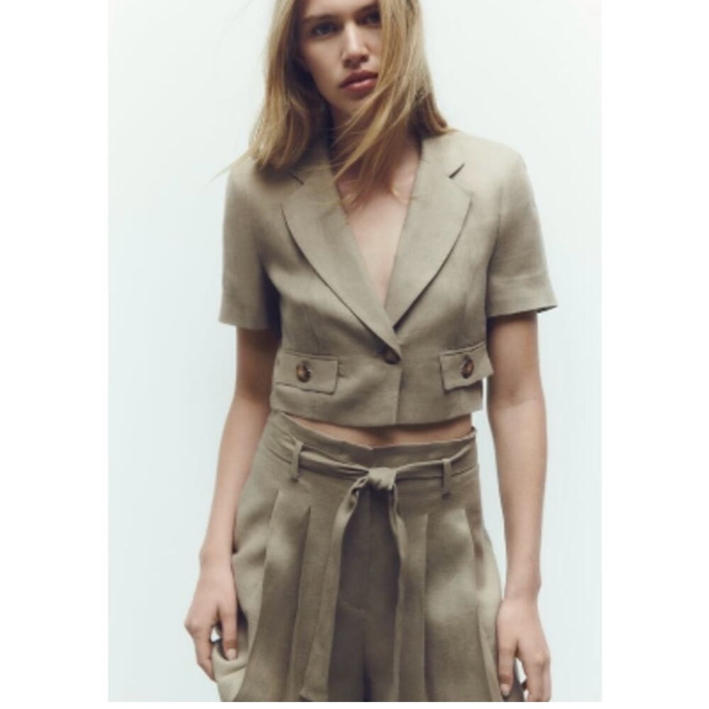 Zara Cropped Short-Sleeve Linen Blazer Beige